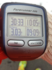 splits were 9:51, 10:37 and 9:49 for 3 miles.