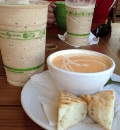 lobster bique, frozen chai latte, chicken, apple, cranberry croissant for lunch